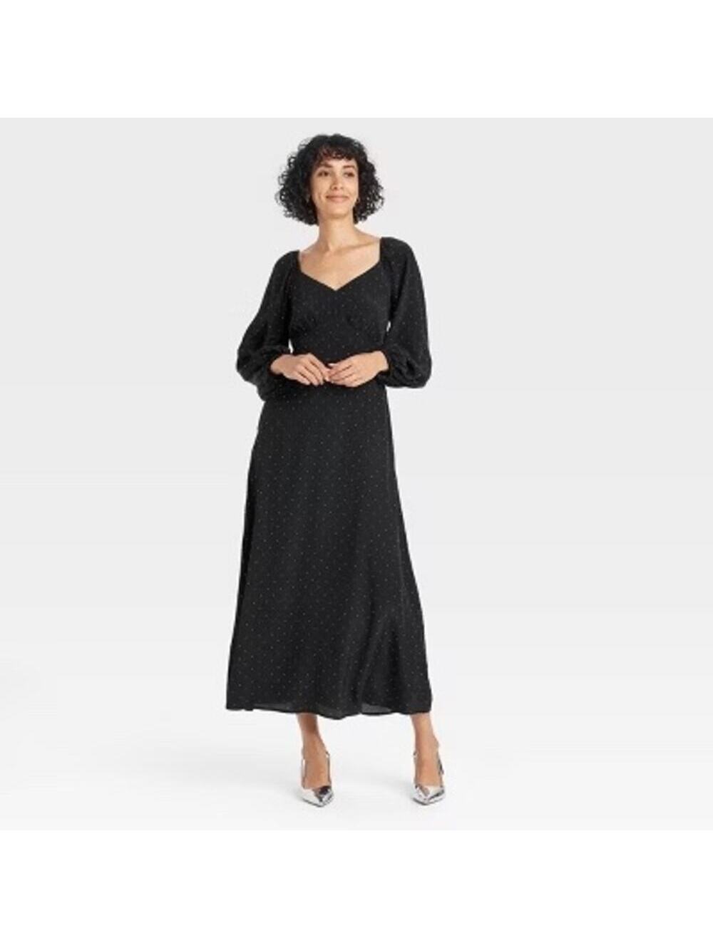 A New Day NWT Womens Long Sleeve Crepe Maxi A-Line Dress Black White Polka Dot S